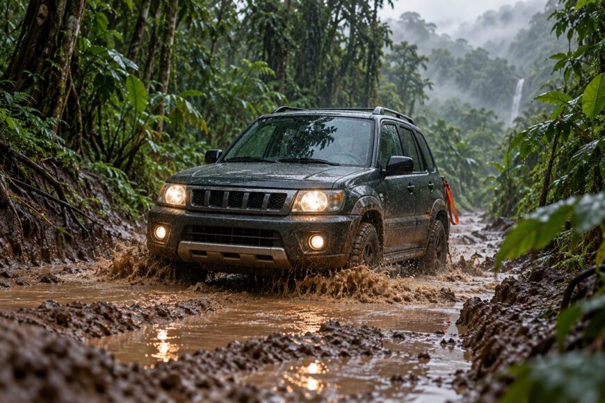 A dark green Suzuki Vitara driving through deep mud on a rainy trail in the Amazon rainforest