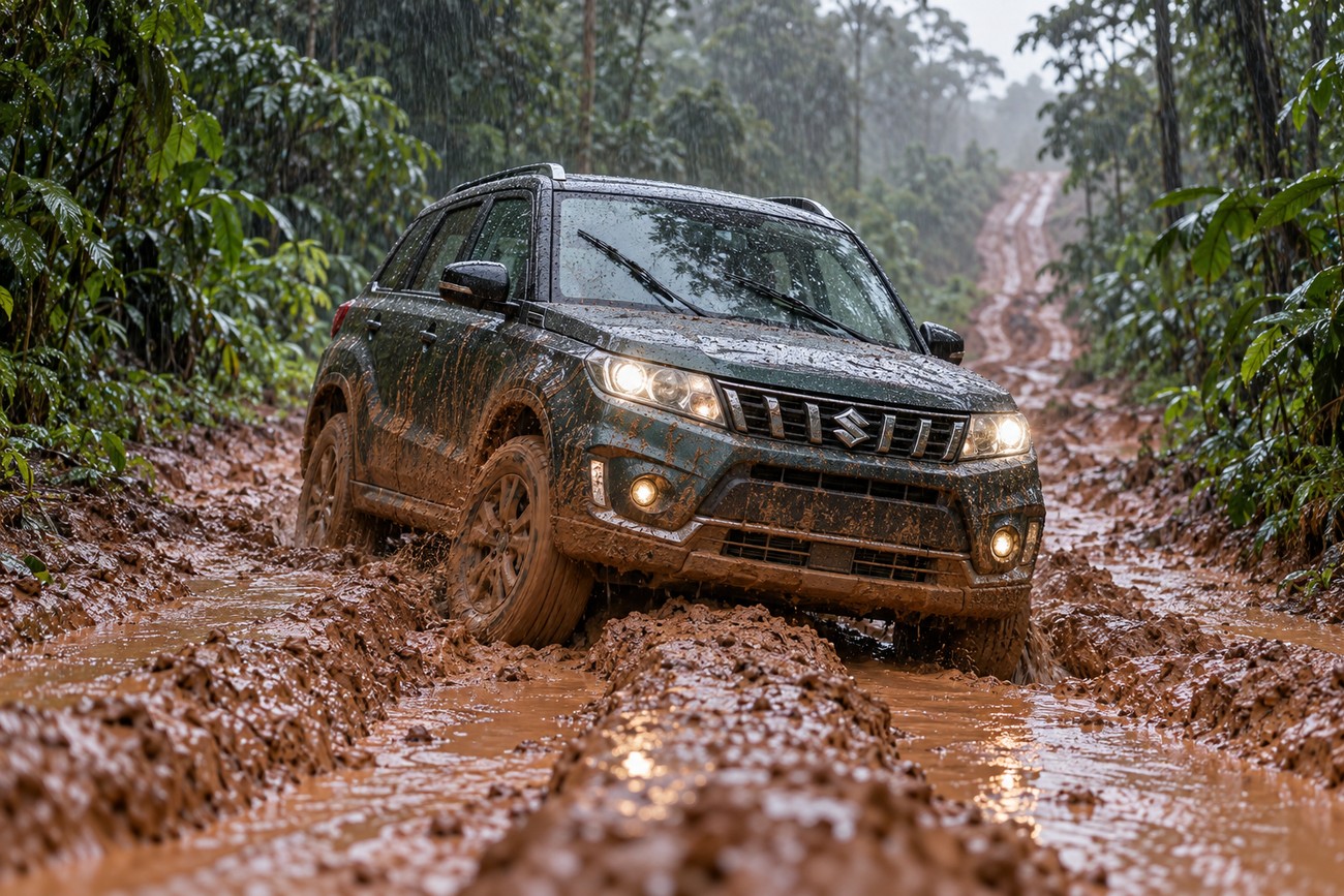 Dark green Suzuki Vitara driving through a deep muddy puddle on a rainforest track during heavy rain