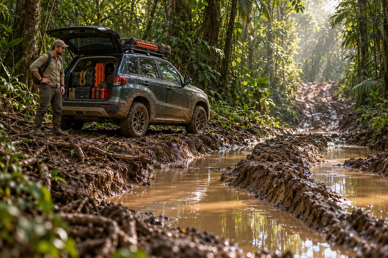 A man standing by an open trunk of a muddy Suzuki Vitara parked on a wet dirt road in the Amazon jungle