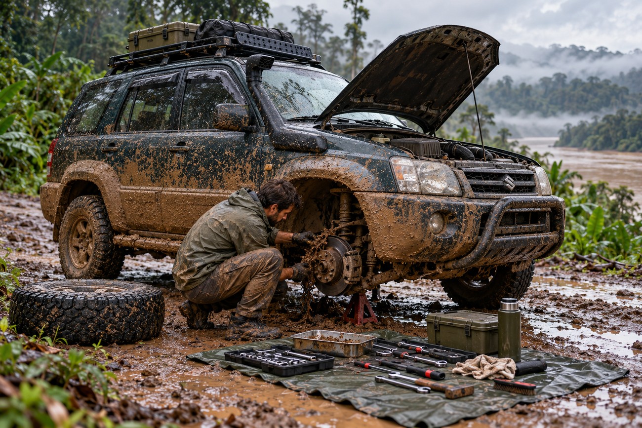 A man repairing a muddy Suzuki Vitara with an open hood in the Amazon rainforest