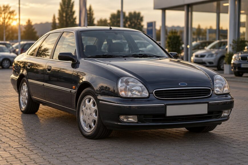Dark Ford Scorpio Mk2 parked on a paved lot showcasing its controversial front headlights and grille