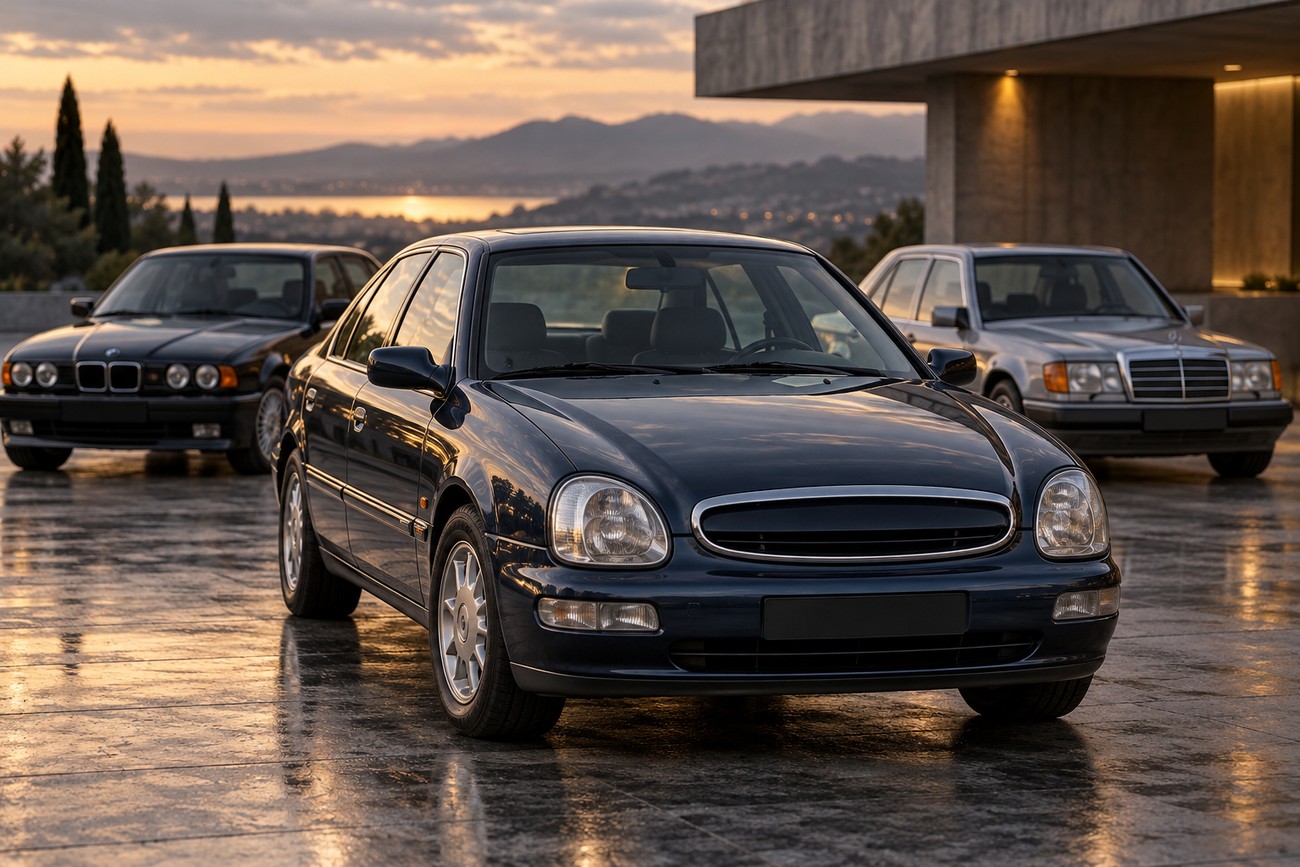 Dark blue Ford Scorpio Mk2 parked on a wet stone terrace at sunset with mountains in the background