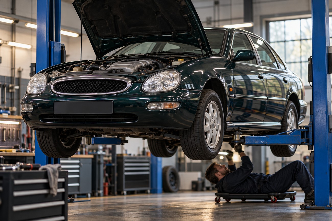 Dark green Ford Scorpio Mk2 raised on a hydraulic lift with an open hood in a mechanic garage