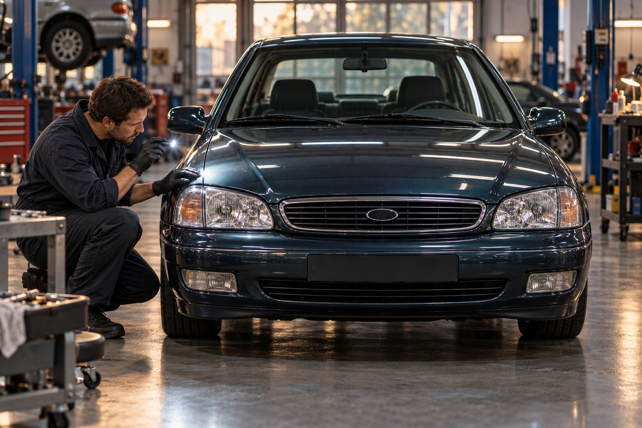 A mechanic in black gloves inspects the controversial front headlight and grille design of a dark green Ford Scorpio Mk2 in a service garage