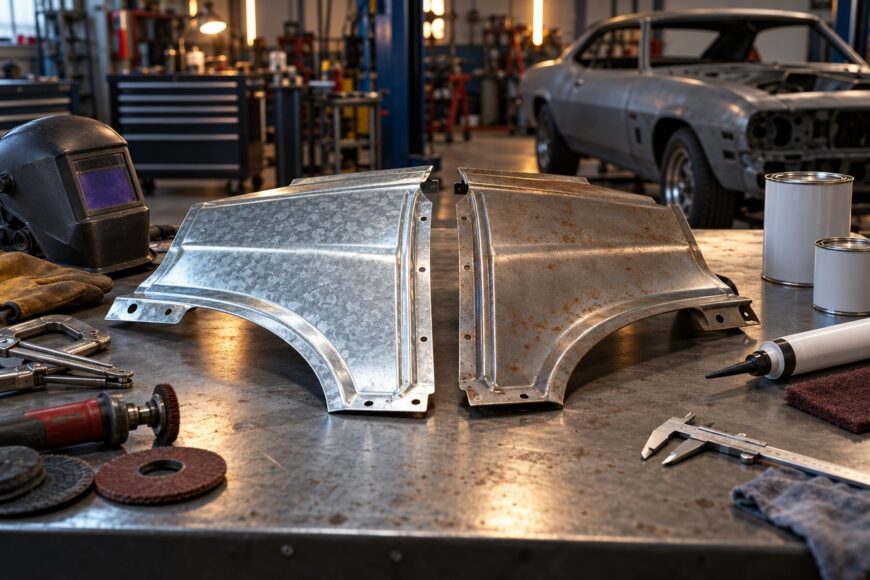 A galvanized steel repair panel next to a rusted bare steel panel on an auto body workshop workbench