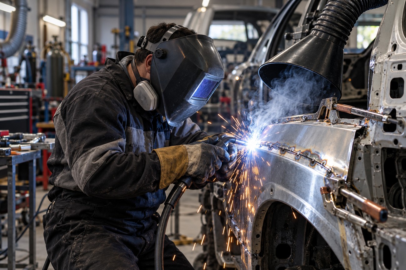 A mechanic wearing a welding mask joins a steel repair panel on a car body with sparks and smoke extraction in a workshop
