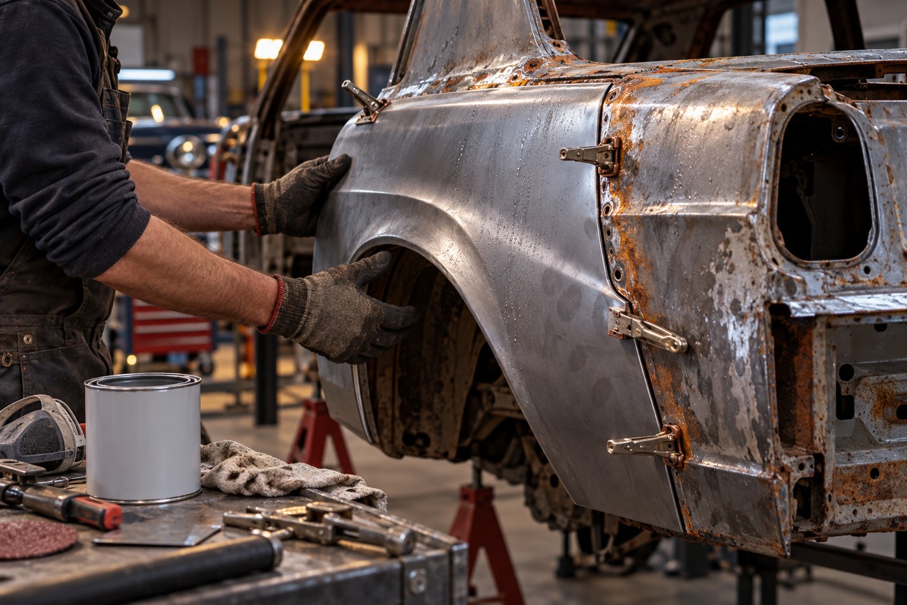 Mechanic in gloves fitting a new steel repair panel to a rusted car body in a workshop