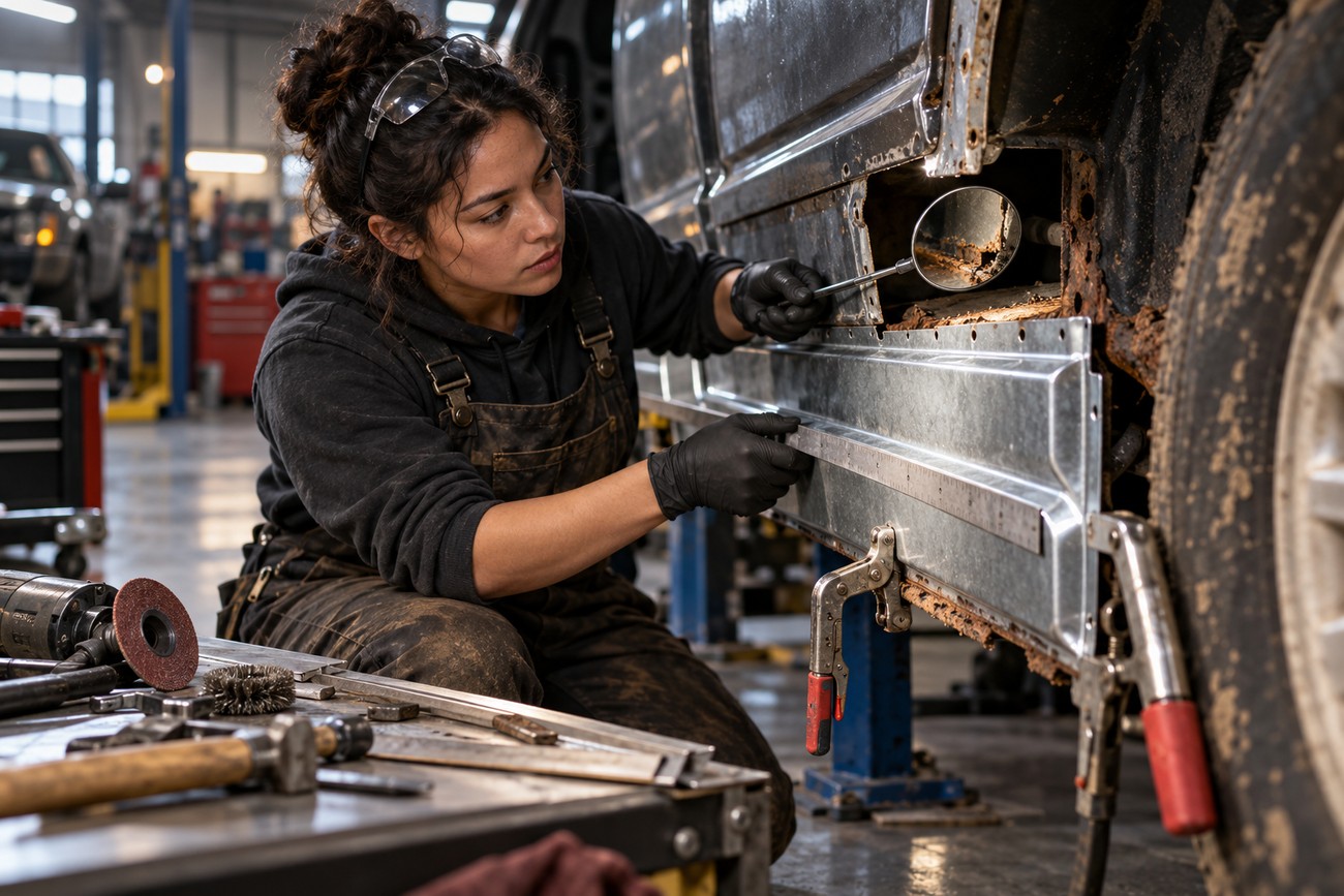 Female mechanic in overalls aligns a galvanized steel repair panel on a rusted truck body with clamps
