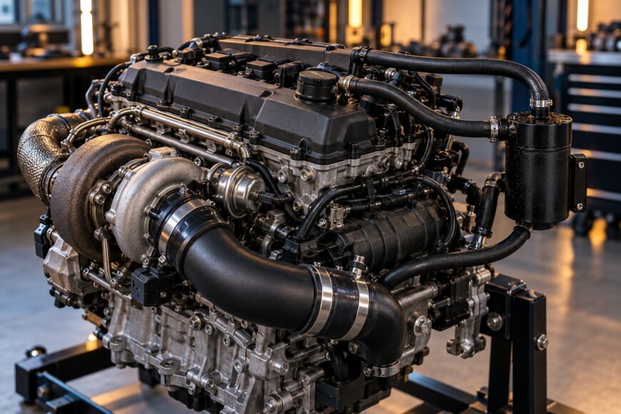 A detailed view of a modern car engine with hoses and an oil catch can installed in a repair shop