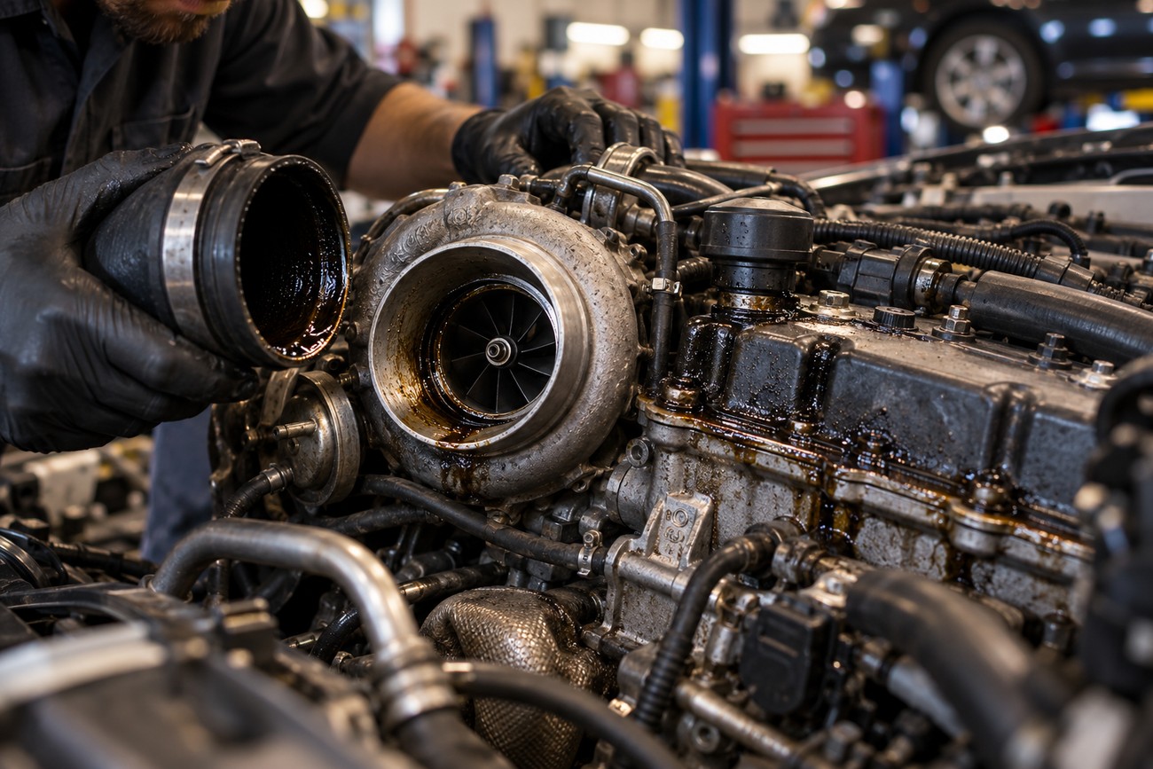 A mechanic in black gloves inspecting a car engine with visible oil buildup and sludge near the turbocharger