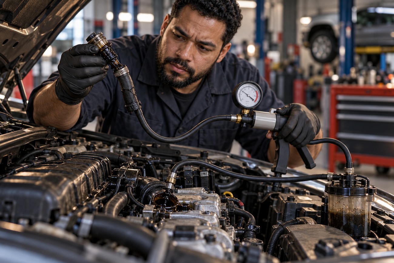 A mechanic wearing gloves inspects a PCV valve and a pressure testing tool under the hood of a car