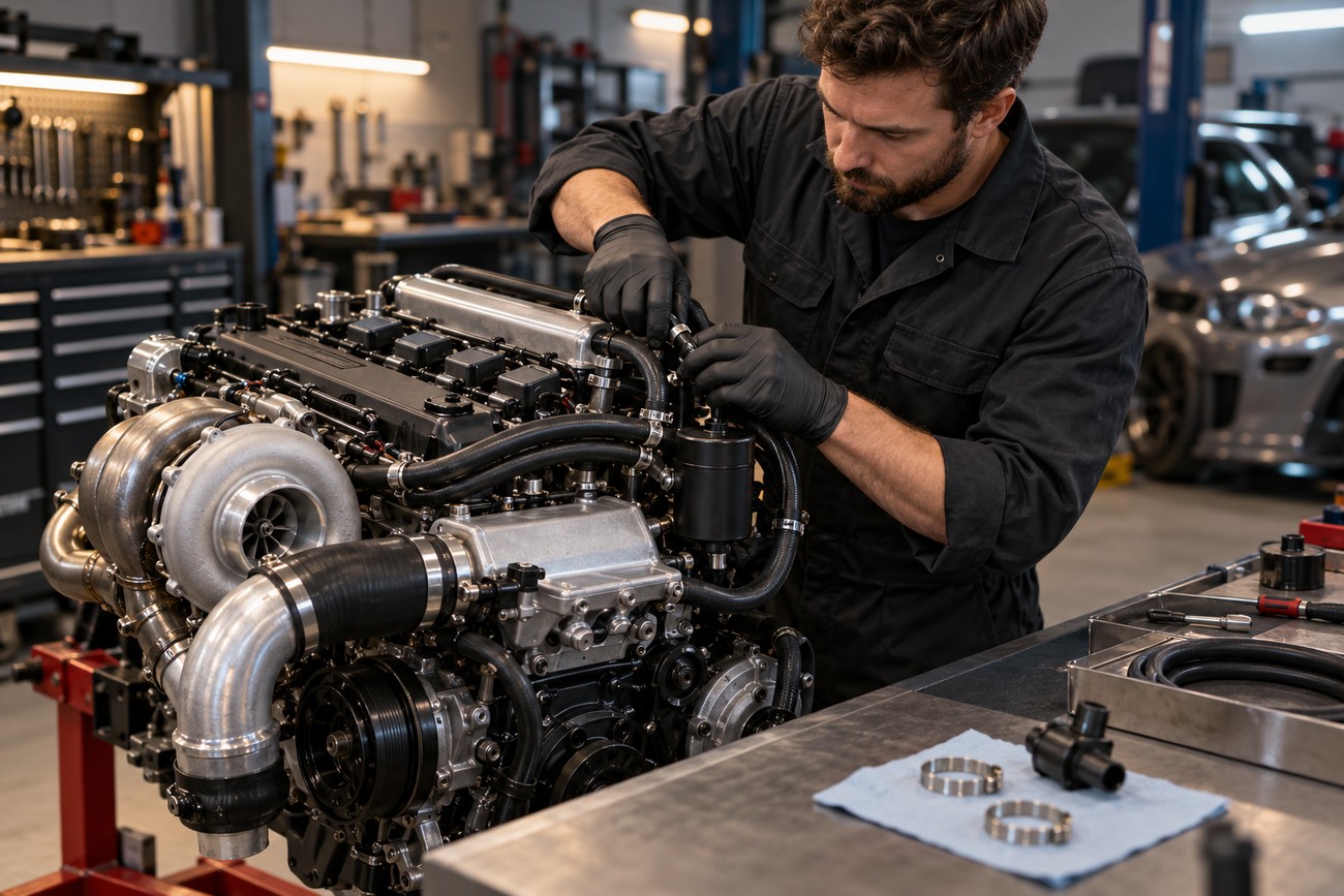 Mechanic wearing black gloves working on the PCV valve and hoses of a car engine in a workshop