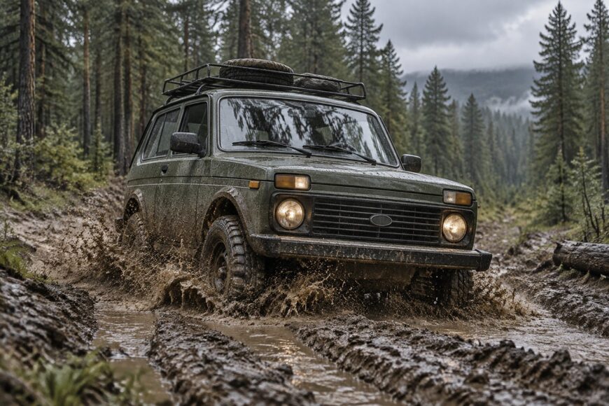 A green Lada Niva off-road vehicle driving through thick mud on a forest trail with pine trees
