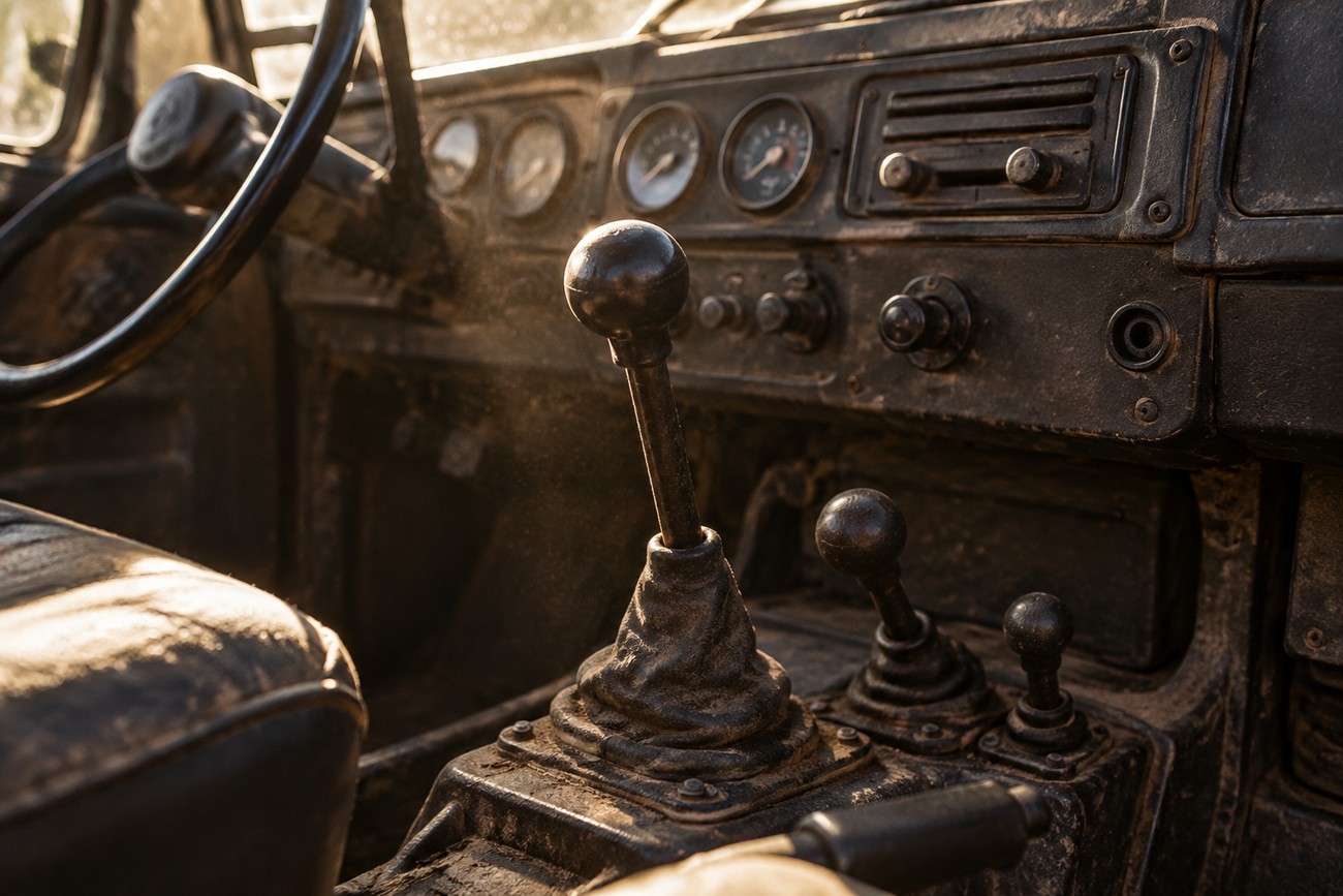 Close-up of the dusty dashboard and manual gear shift levers inside a classic Lada Niva 4x4
