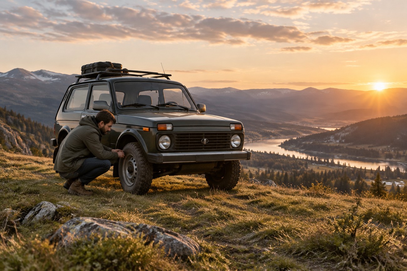 A man crouching next to a classic green Lada Niva 4x4 parked on a grassy mountain overlook during sunset