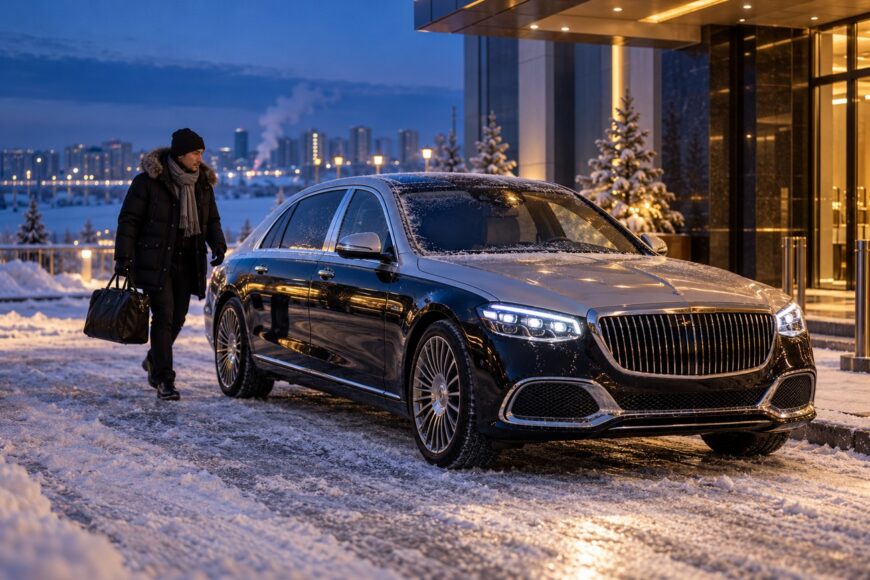 A passenger in winter clothing carrying a bag walks toward a luxury two-tone Maybach S-Class taxi parked on a snow-covered street in Yakutsk