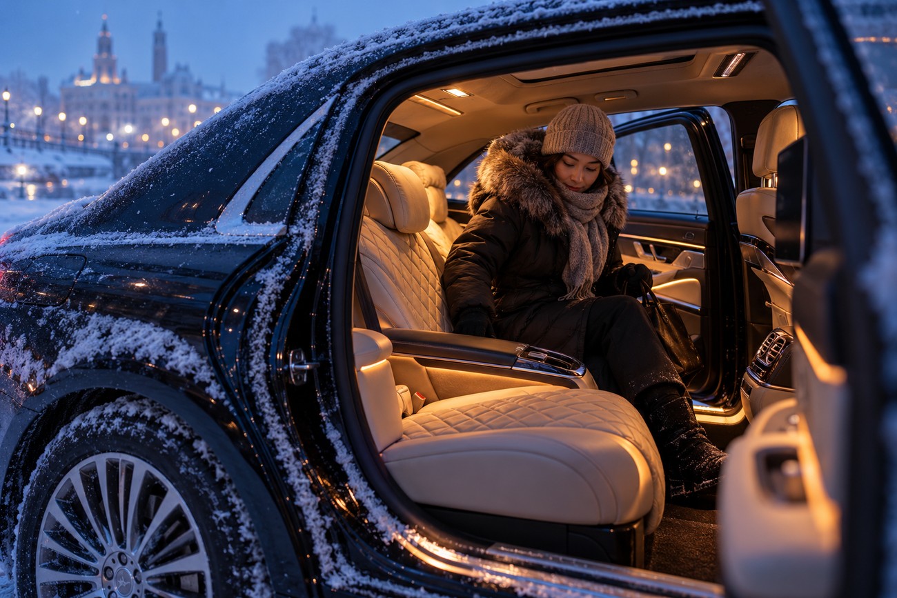 A woman in winter clothing getting out of a luxury Maybach S-Class taxi covered in snow in Yakutsk