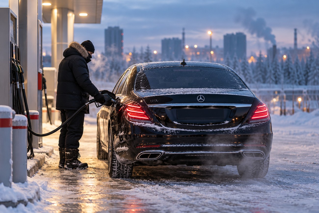 A person in winter clothing is refueling a black Mercedes-Maybach S-Class at a snowy gas station in Yakutsk