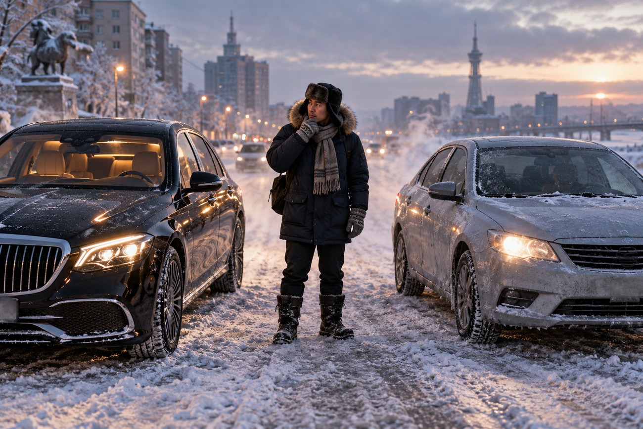A man in a winter coat and fur hat standing between a black Maybach S-Class taxi and a silver car on a snowy Yakutsk street at sunset