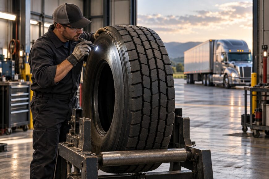A mechanic in a garage inspecting a large retreaded truck tire with a flashlight