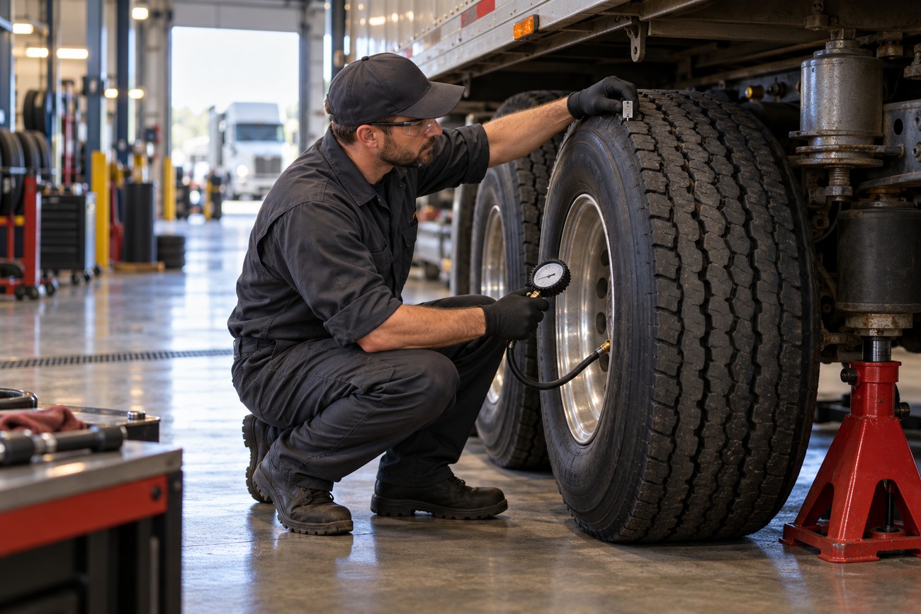 A mechanic in a uniform kneeling down to inspect the tread and check air pressure of a large commercial truck tire in a repair shop