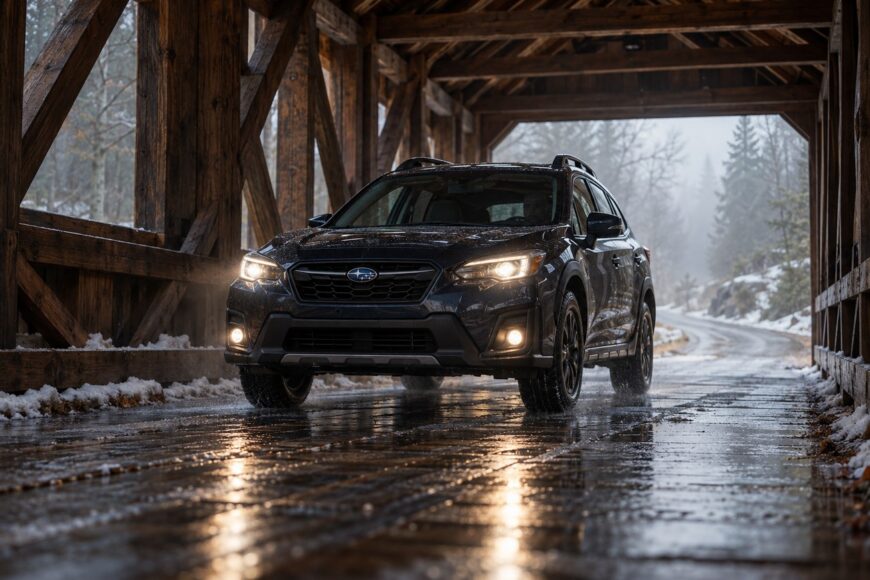 A dark Subaru driving slowly on slippery black ice inside a rustic wooden covered bridge on a snowy day