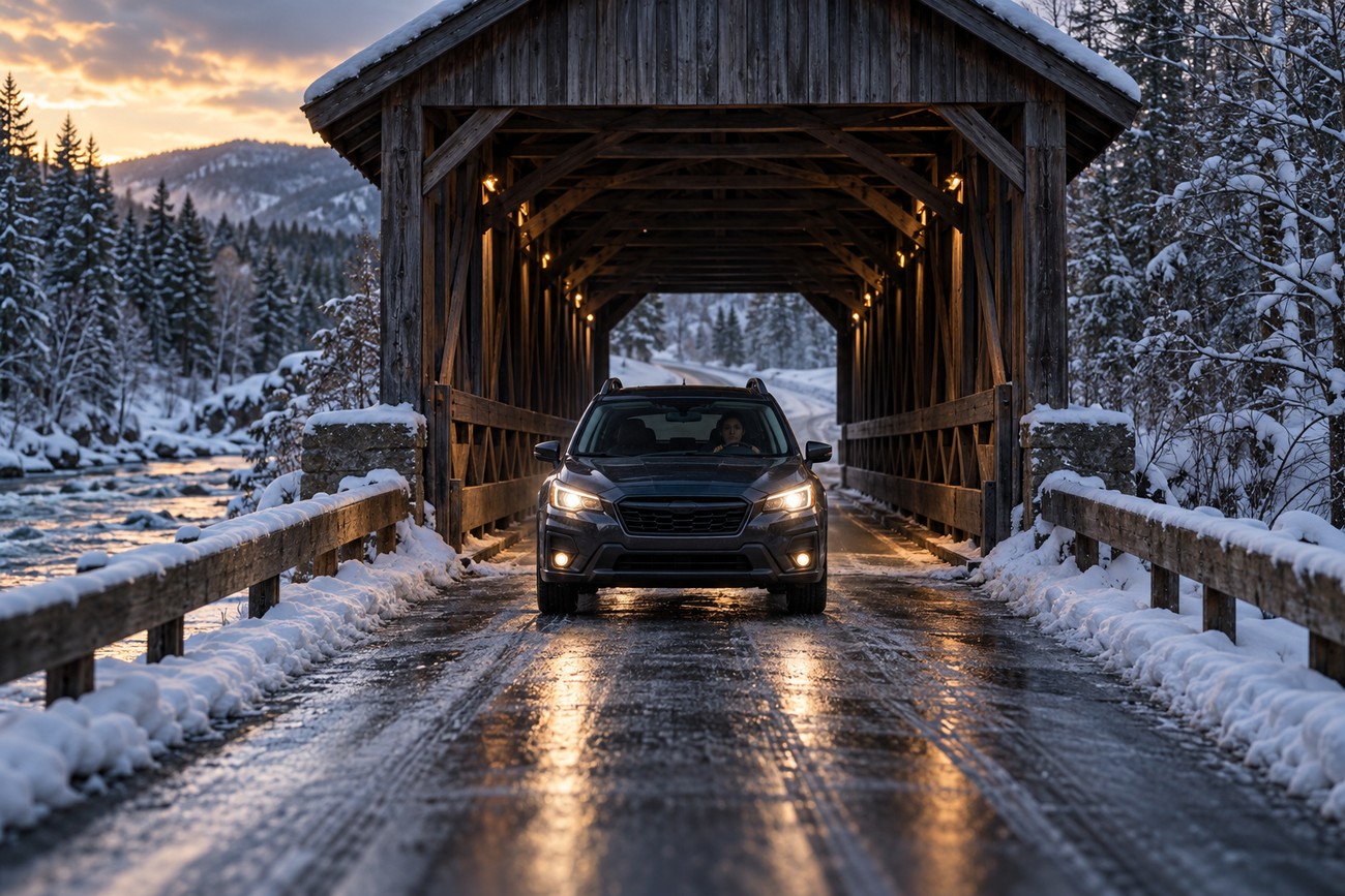 Dark Subaru driving slowly on a slick icy wooden covered bridge surrounded by snowy winter landscape