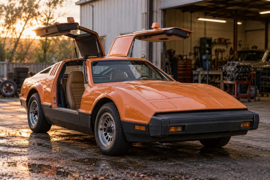 Orange Bricklin SV-1 sports car with raised gullwing doors parked on a wet surface outside a garage