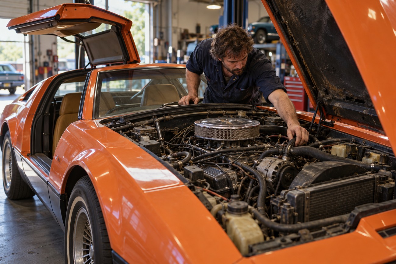 Mechanic working on the engine of an orange Bricklin SV-1 sports car with open gullwing door in a garage