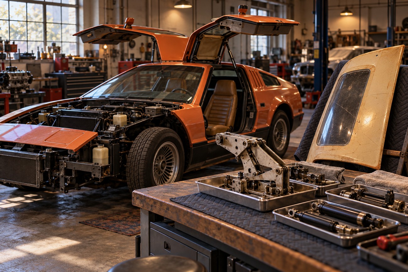 An orange Bricklin SV-1 sports car with open gullwing doors parked in a vintage repair shop with mechanical parts on a workbench