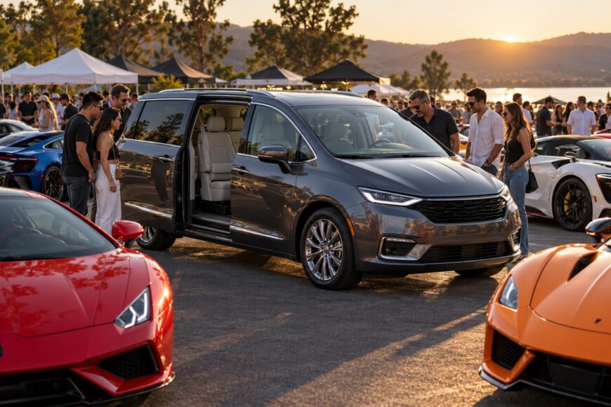 A modern grey minivan parked among exotic supercars at an outdoor sunset automotive meet with spectators looking around