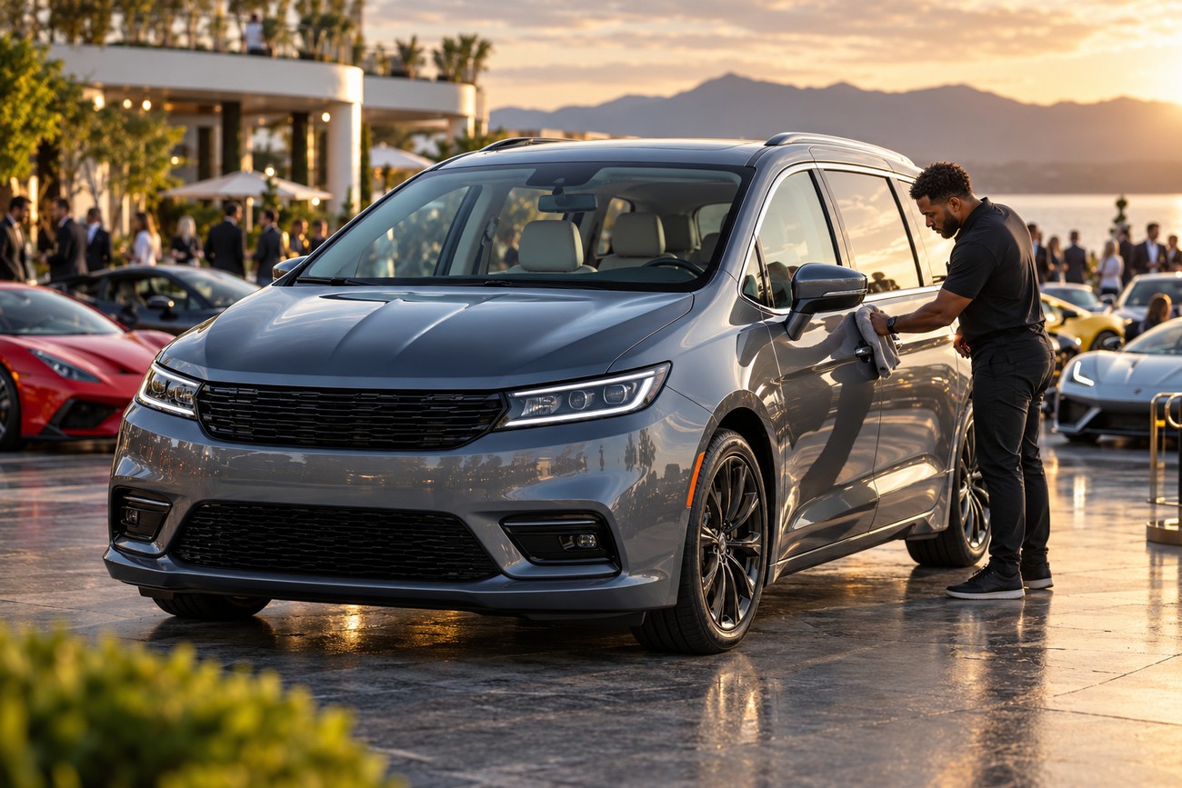 A man in black clothes polishes the side door of a sleek grey minivan parked at a high-end supercar gathering
