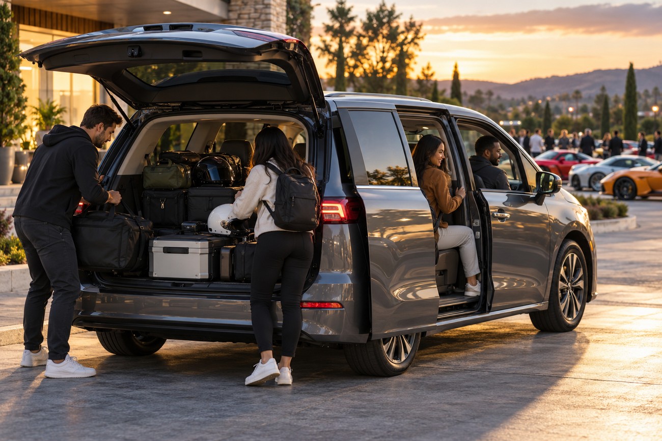 People unloading bags and helmets from the open trunk of a gray minivan at a supercar gathering