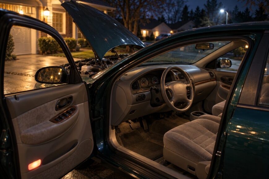 Dark green 1999 Ford Taurus parked in a suburban driveway at night with open hood and driver door
