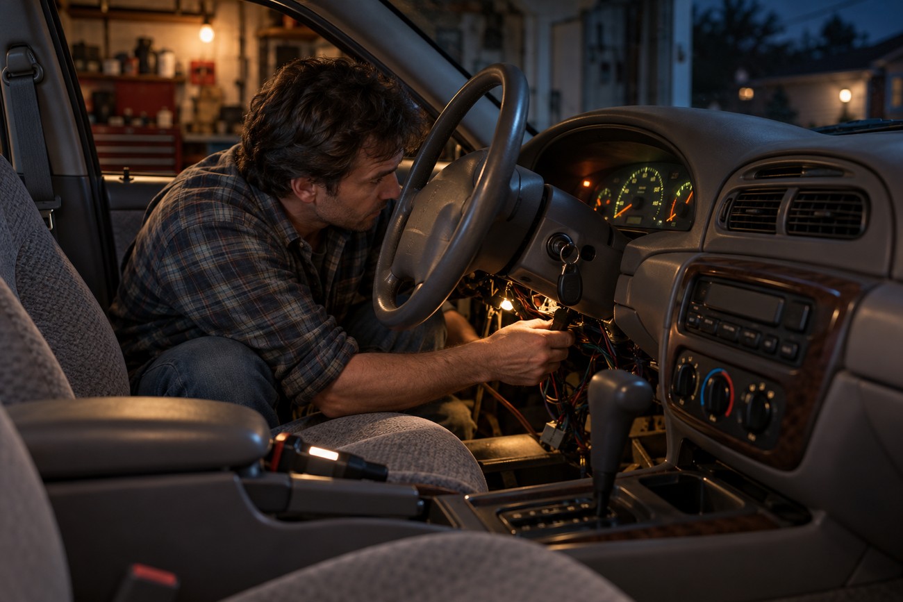 Mechanic checking the dashboard wiring and computer system inside a 1999 Ford Taurus in a garage