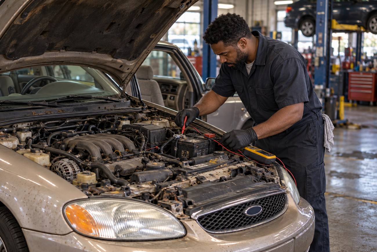 Mechanic using a multimeter to check the battery and electrical components under the hood of a 1999 Ford Taurus