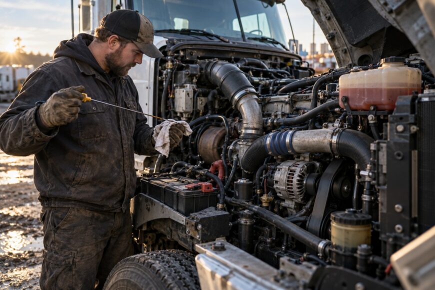 A mechanic in workwear checking the oil dipstick under the open hood of a heavy diesel truck