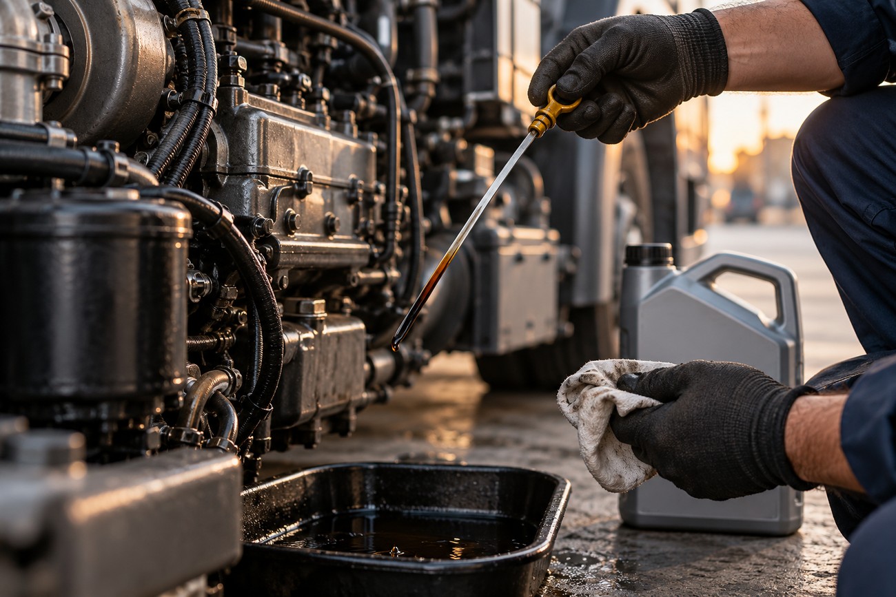 Mechanic wearing gloves checking oil level with a dipstick next to a diesel engine and oil container