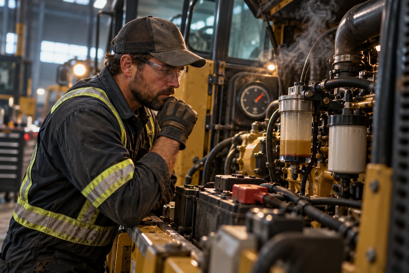 A concentrated mechanic in safety glasses inspecting a complex diesel engine inside a well-lit industrial workshop