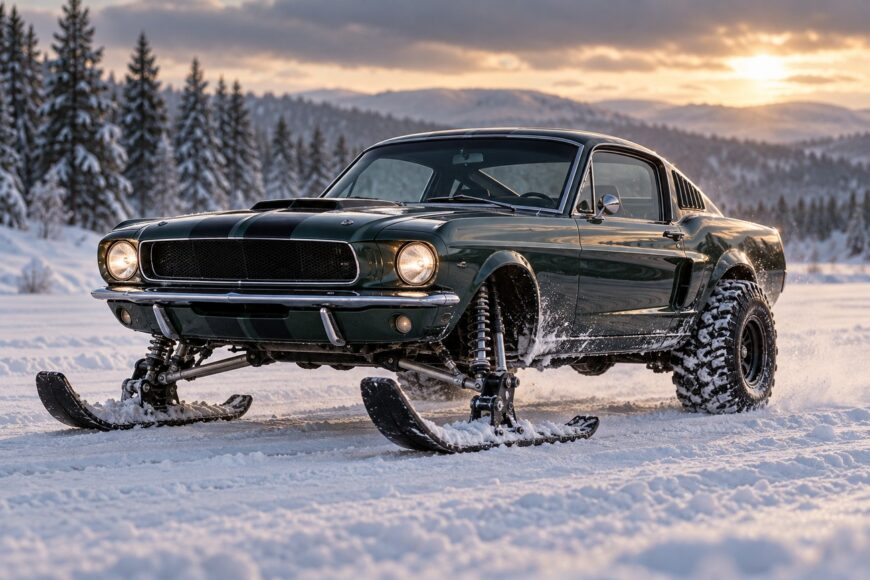 A vintage green Ford Mustang modified with front skis instead of wheels driving on snow with mountains in the background