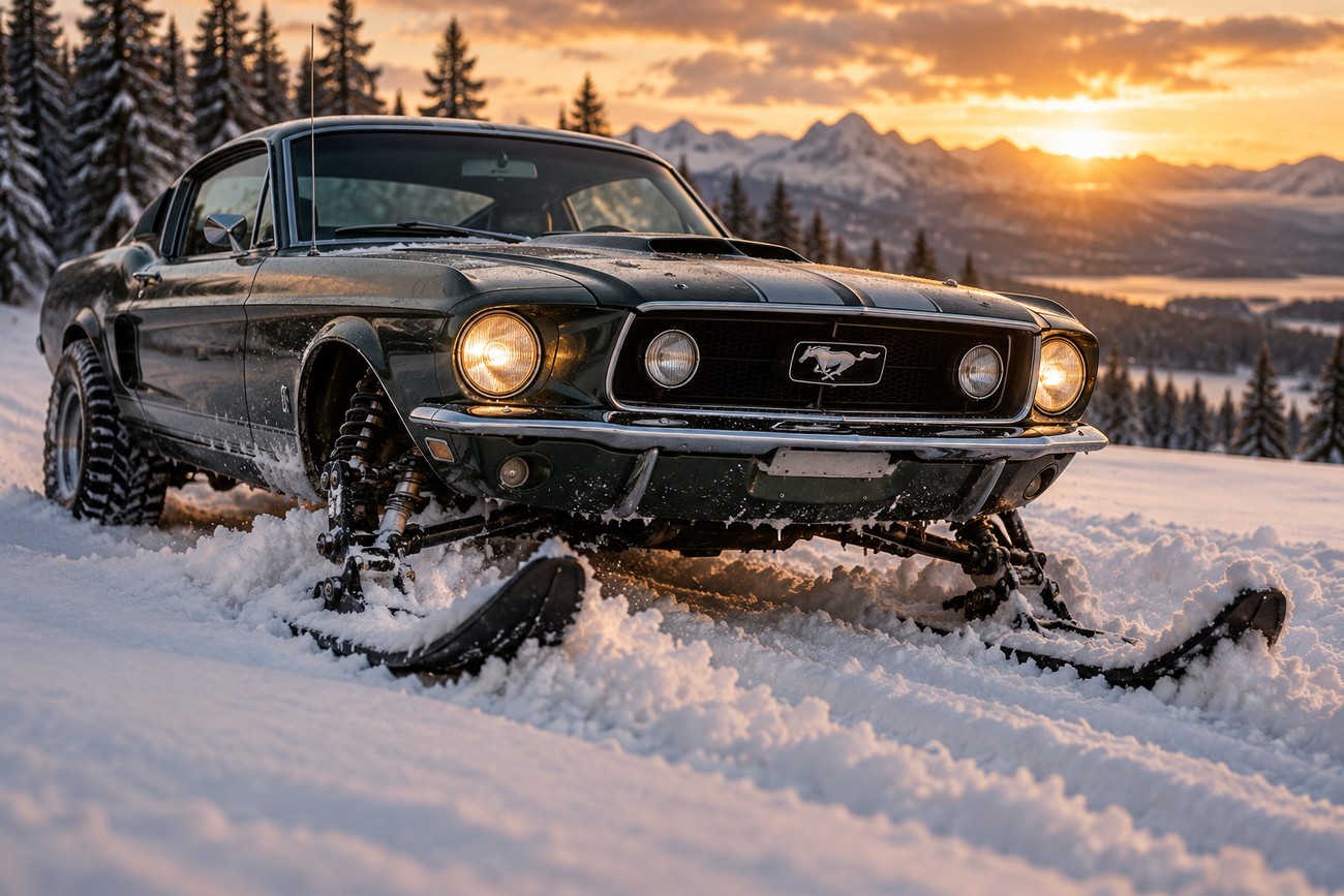 Vintage dark green Ford Mustang equipped with ski runners on the front axle driving through deep snow in a winter mountain setting