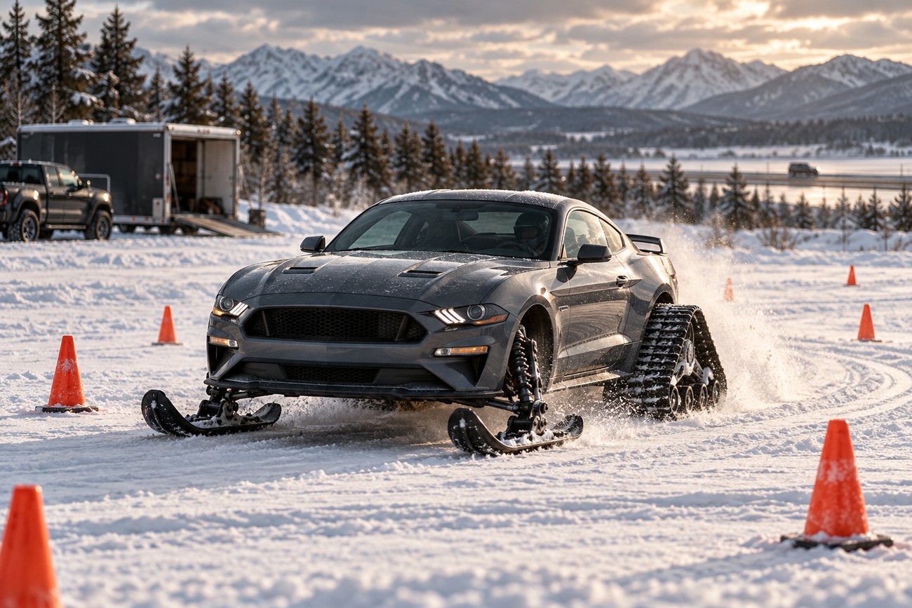 Gray Ford Mustang modified with front skis and rear treads driving on a snowy track past orange cones with snowy mountains behind