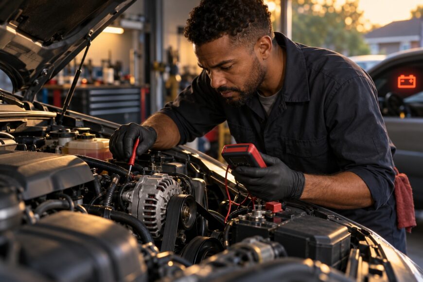 Mechanic wearing black gloves using a multimeter to test the alternator in a car engine bay