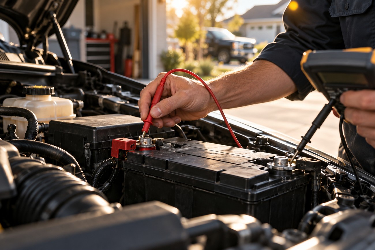 Mechanic using a red multimeter probe to test a car battery terminal in an engine bay