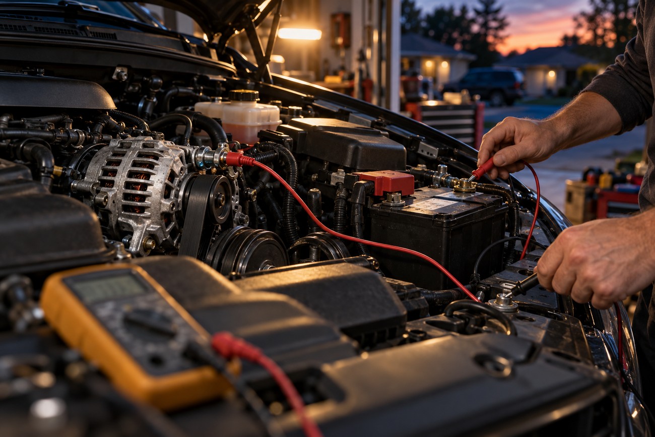 Mechanic testing car alternator and battery voltage using a digital multimeter in an engine bay
