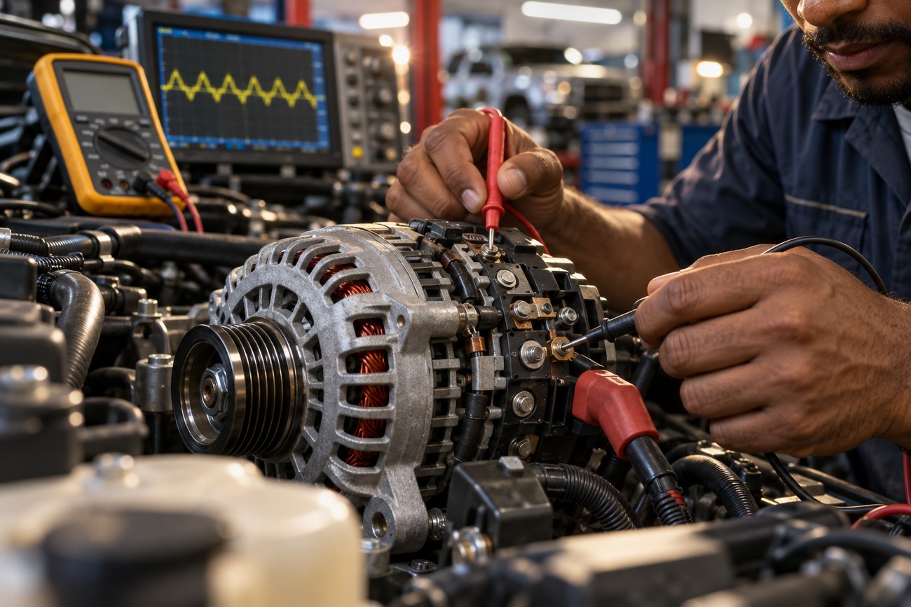 Mechanic in a workshop using a multimeter to test a car alternator in an engine bay