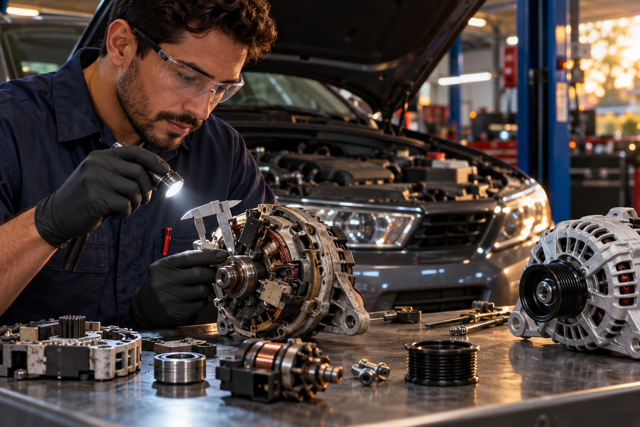 Mechanic wearing safety glasses and gloves inspecting a disassembled car alternator with a flashlight and caliper in a workshop