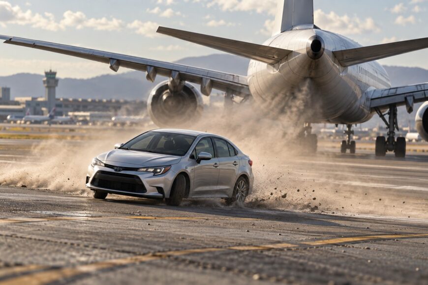 A silver Toyota Corolla caught in a powerful jet blast from a large commercial airplane on the tarmac near an airport runway