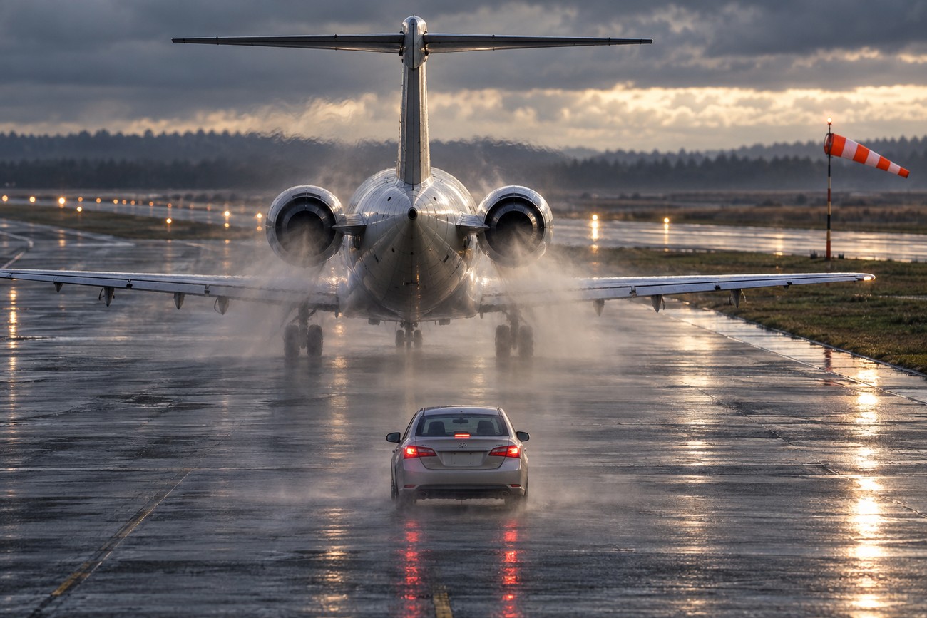 A silver Toyota Corolla facing the rear of a large passenger jet on a wet runway during a powerful jet blast