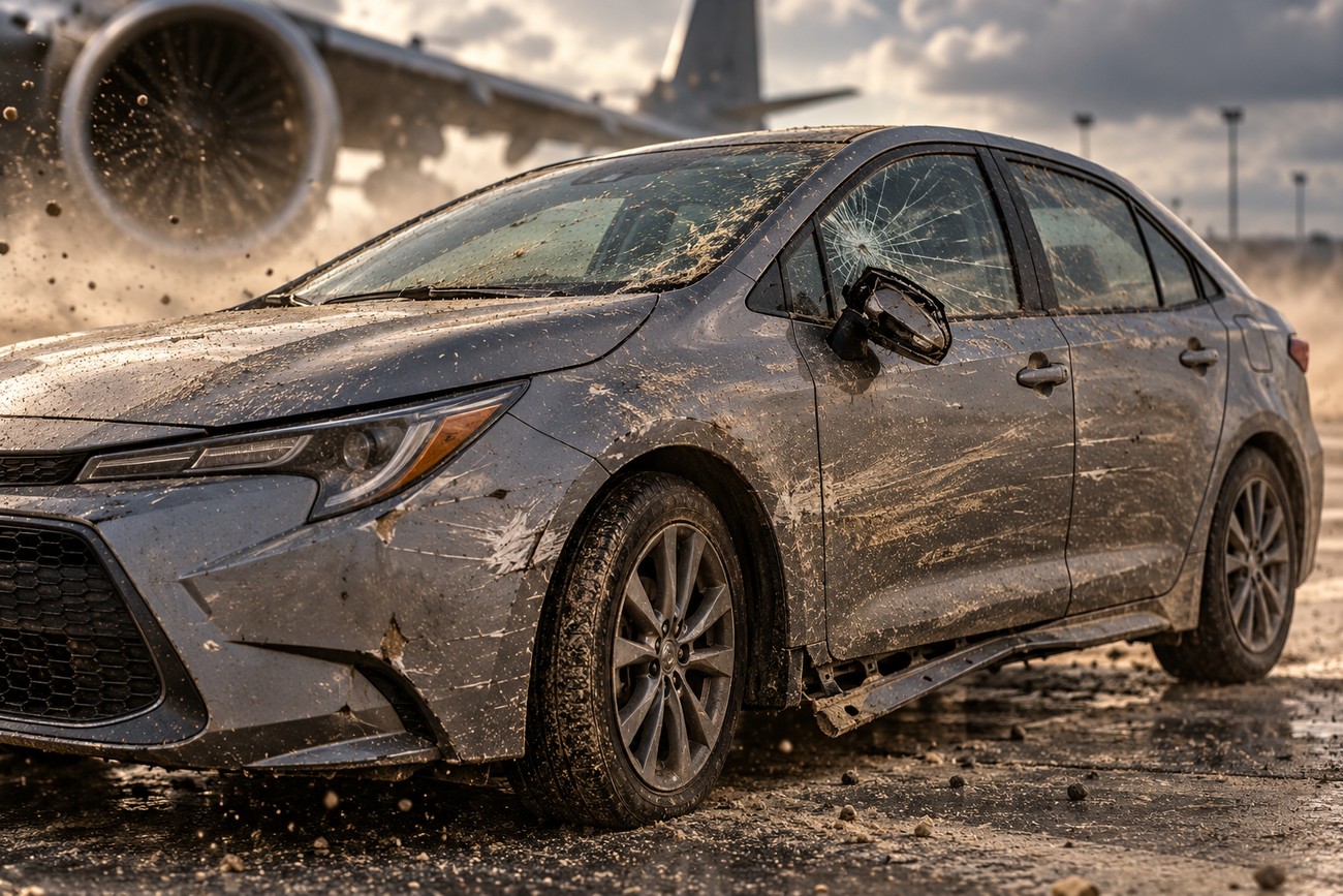 A gray Toyota Corolla covered in mud and dirt with a shattered side window parked near a large jet engine on a runway